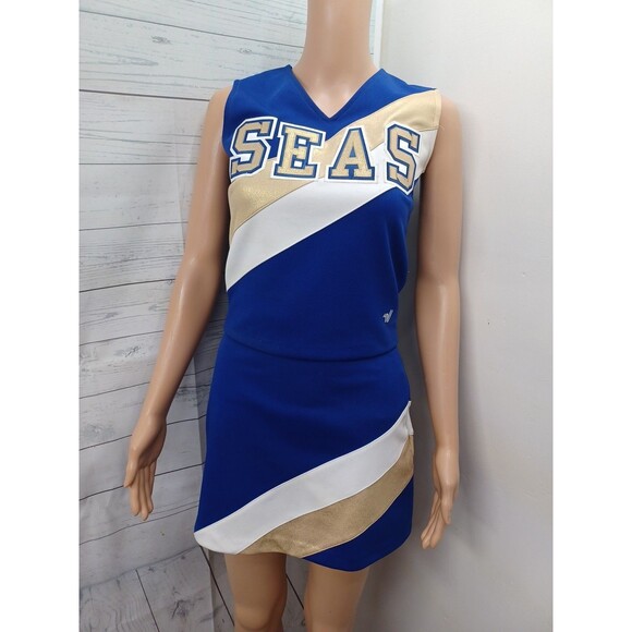 Vtg Varsity Cheerleading Cheerleader Uniform Seas Blue White Good Sz 32+1 /6-14 - Picture 1 of 8